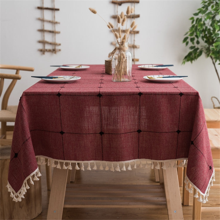 Square Lattice Embroidered Tablecloth Pure Color Cotton Linen Tassel Rectangular Coffee Table Mat, Size:90x140cm
