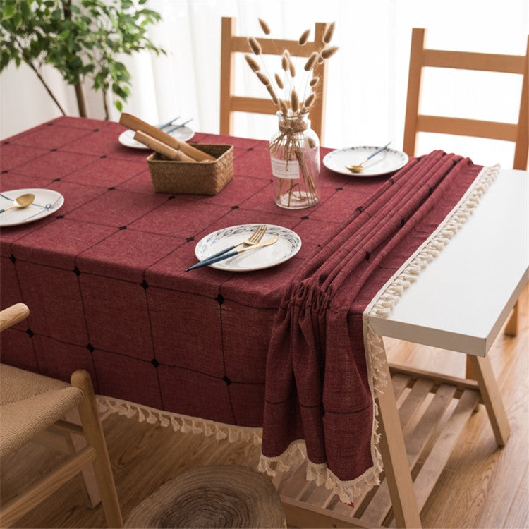 Square Lattice Embroidered Tablecloth Pure Color Cotton Linen Tassel Rectangular Coffee Table Mat, Size:90x140cm