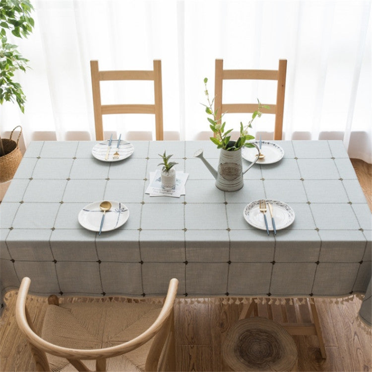 Square Lattice Embroidered Tablecloth Pure Color Cotton Linen Tassel Rectangular Coffee Table Mat, Size:90x140cm