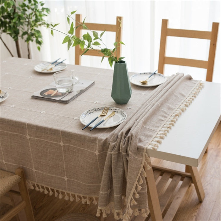 Square Lattice Embroidered Tablecloth Pure Color Cotton Linen Tassel Rectangular Coffee Table Mat, Size:140x200cm