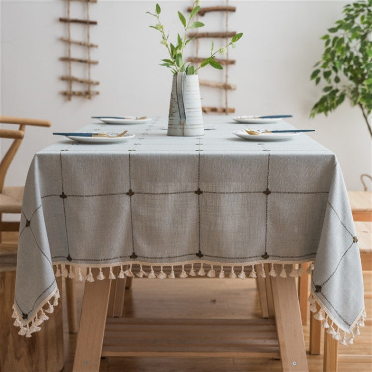 Square Lattice Embroidered Tablecloth Pure Color Cotton Linen Tassel Rectangular Coffee Table Mat, Size:140x200cm