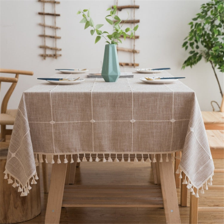 Square Lattice Embroidered Tablecloth Pure Color Cotton Linen Tassel Rectangular Coffee Table Mat, Size:140x240cm