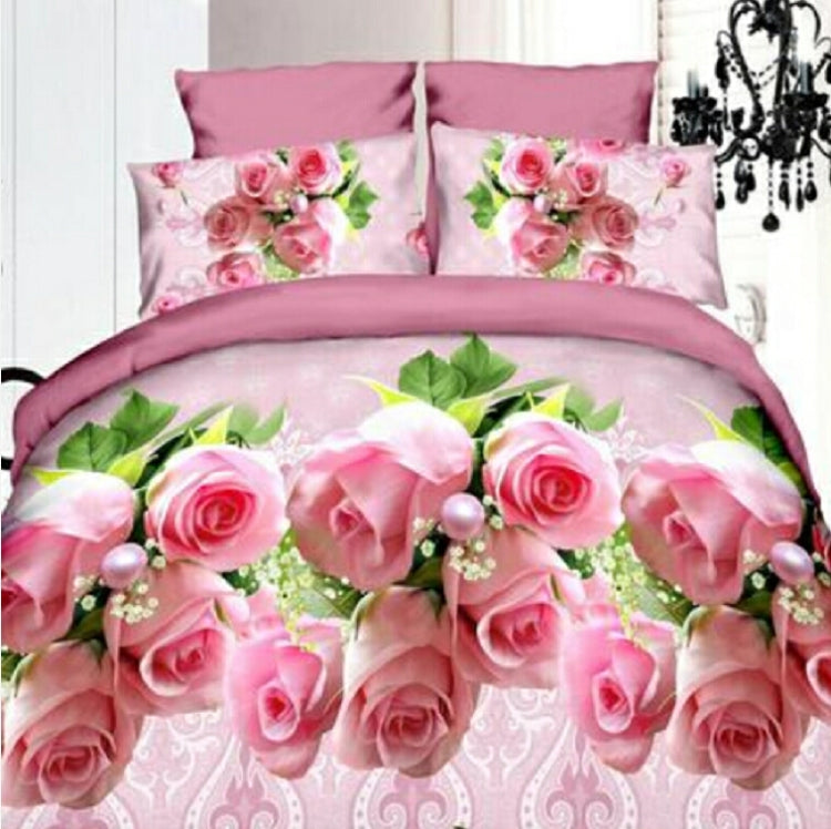 4 PCS Cotton 3D Rose Bedding Sets Soft Duvet Cover Bedsheet Pillowcase Reactive Printed Bedclothes Queen Bed