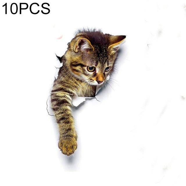 10 PCS Removable Waterproof Cartoon 3 D Cat Pattern Wall Sticker Bathroom Toilet Sticker