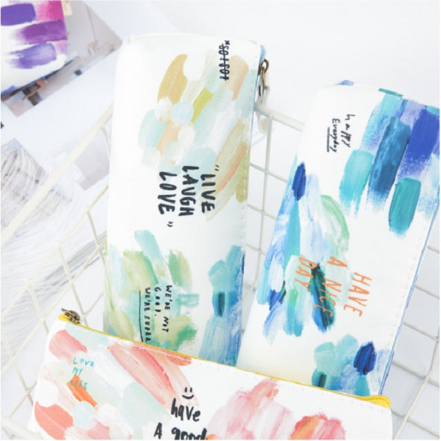 Kawaii Canvas Pencil Bags Cases Colorful Creative Brush Doodle Pouch School Supplies Stationery Pen Box