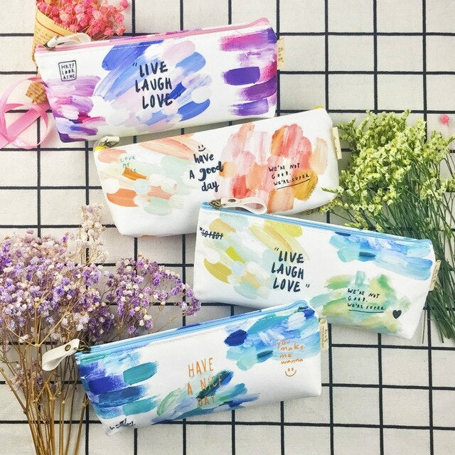 Kawaii Canvas Pencil Bags Cases Colorful Creative Brush Doodle Pouch School Supplies Stationery Pen Box