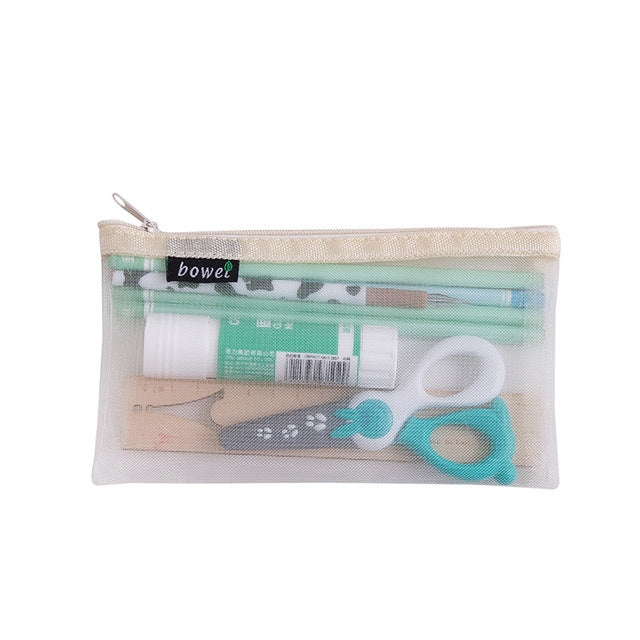 4 PCS Simple Transparent Mesh Pencil Case Pen Bag Office Student School Supplies