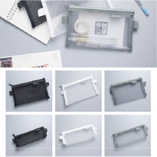 N81409 Transparent Grid Zipper Pen Bag Pencil Case Storage Package Grils Stationery School Supplies