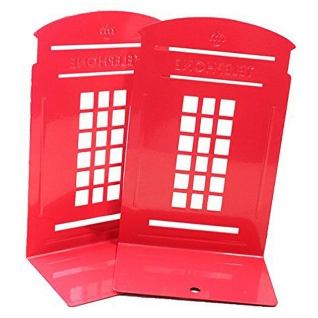1 Pair Telephone Booth Design Anti-Skid Bookends Book Shelf Holder Stationery (Red)(Red)