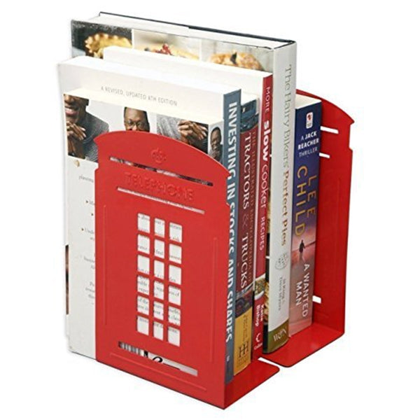 1 Pair Telephone Booth Design Anti-Skid Bookends Book Shelf Holder Stationery (Red)(Red)