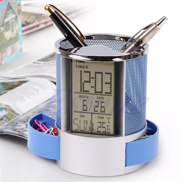 Desk Mesh Pen Pencil Holder Perpetual Calendar Office Supplies Multifunctional Digital LED Pens Storage Box
