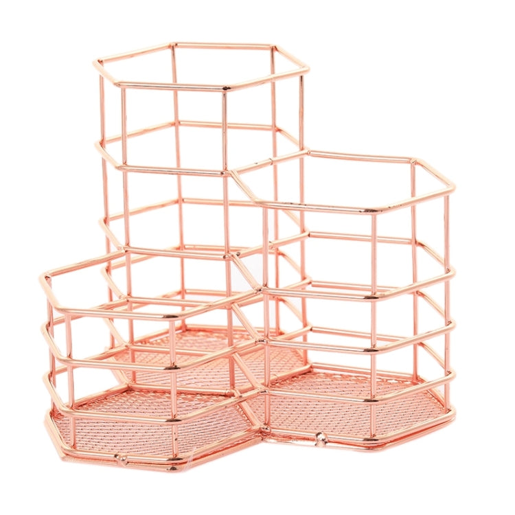2 PCS Pen Cup Holder Desk Hexagon Iron Hollow Makeup Brush Organizer Stationery Storage Container Hexagonal Penholder(Rose Gold)