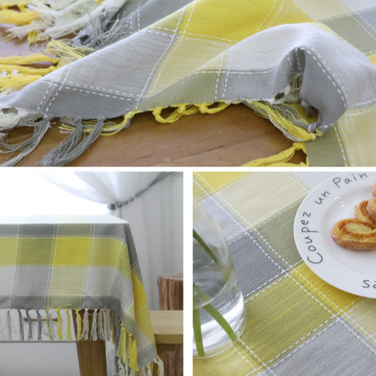Checked Jacquard Cotton Linen Tablecloth With Tassel, Size:90x90cm