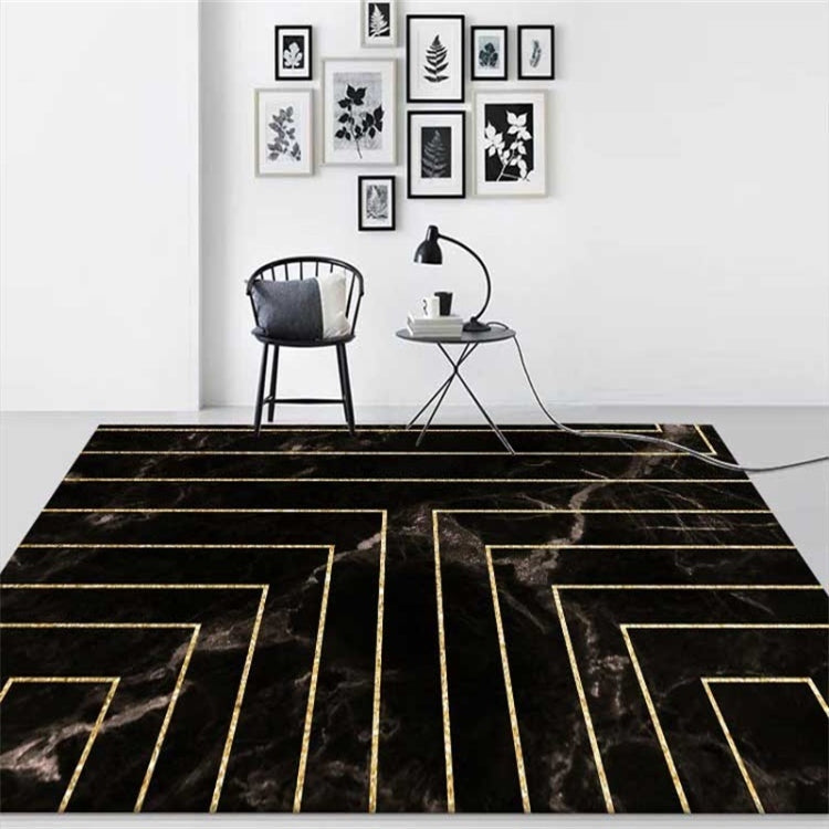 Marble Texture Square Lines Carpets Rugs For Home Living Room, Size:120x160cm(Black Gold)