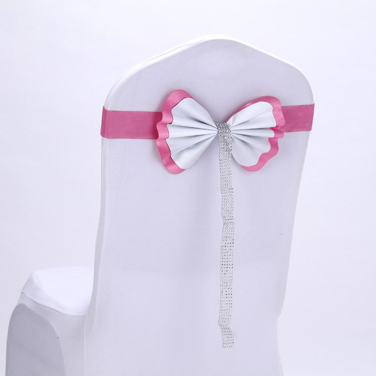 Bow Tie Leather Satin Chair Sash Bands For Wedding Party Spandex Chair Cover For Hotel Chair Decor, Color:Pink
