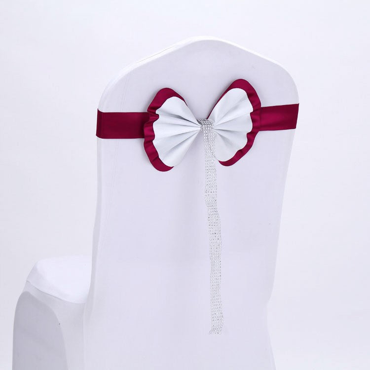 Bow Tie Leather Satin Chair Sash Bands For Wedding Party Spandex Chair Cover For Hotel Chair Decor, Color:Wine Red