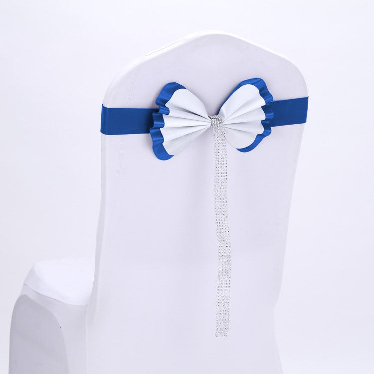 Bow Tie Leather Satin Chair Sash Bands For Wedding Party Spandex Chair Cover For Hotel Chair Decor, Color:Dark Blue
