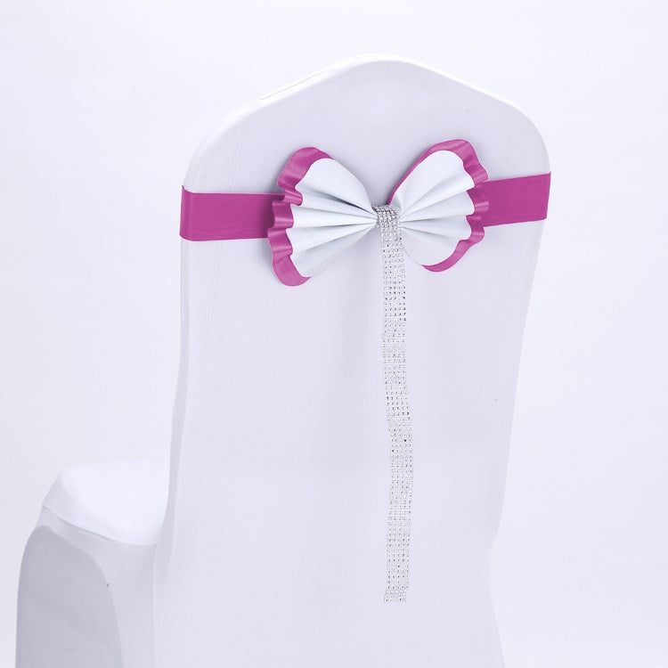 Bow Tie Leather Satin Chair Sash Bands For Wedding Party Spandex Chair Cover For Hotel Chair Decor, Color:Fuchsia