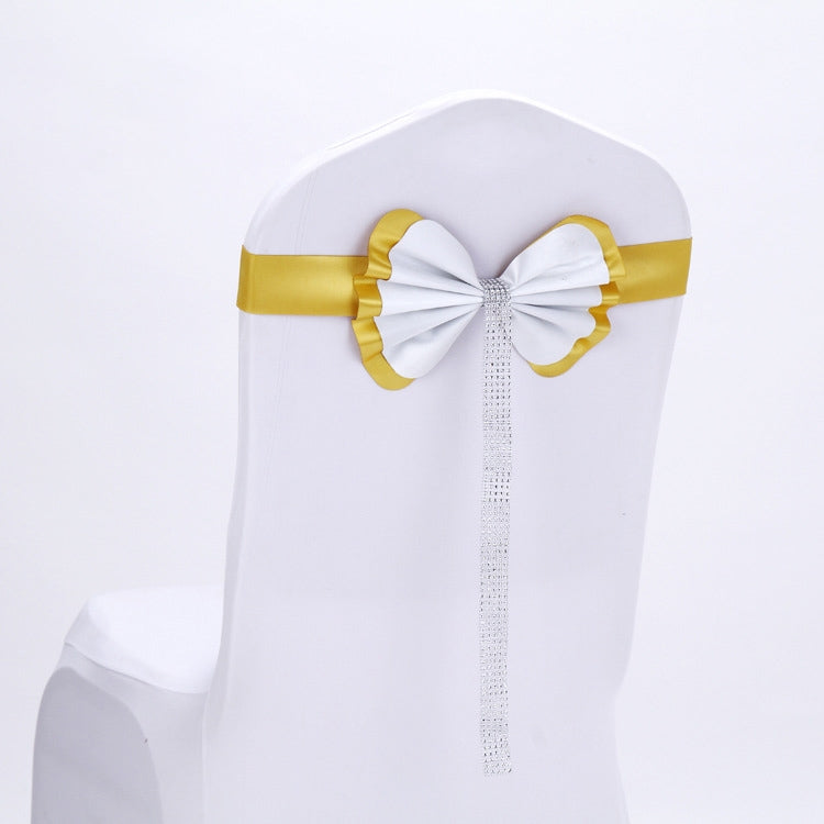 Bow Tie Leather Satin Chair Sash Bands For Wedding Party Spandex Chair Cover For Hotel Chair Decor, Color:Golden