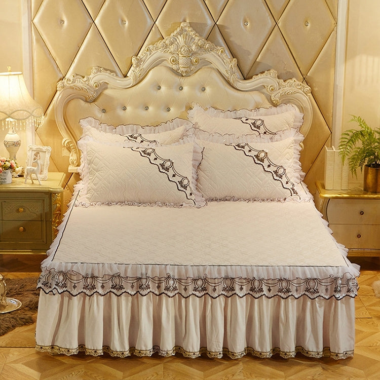 Luxury Thick Cotton Bed Skirt with Lace Edge Non-slip Bedding Set, Size:1.5x2.0m(3-Piece)