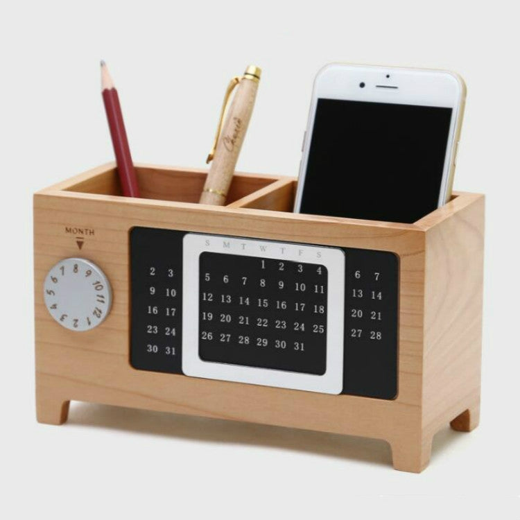 Wooden Perpetual Calendar Pen Box Creative Multifunctional Office Desktop Storage Supplies Pen Holder Maple