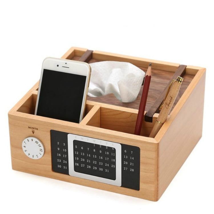 Wooden Perpetual Calendar Pen Box Creative Multifunctional Office Desktop Storage Supplies Pen Holder Tissue Box