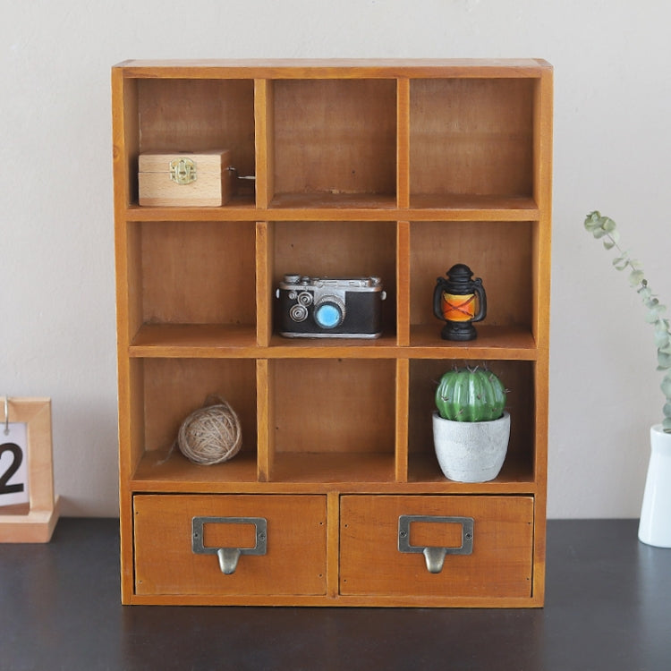 Nine Grids and Two Pumping Solid Wood Drawer Wooden Storage Cabinet, Size: 42.5x33.3x10cm