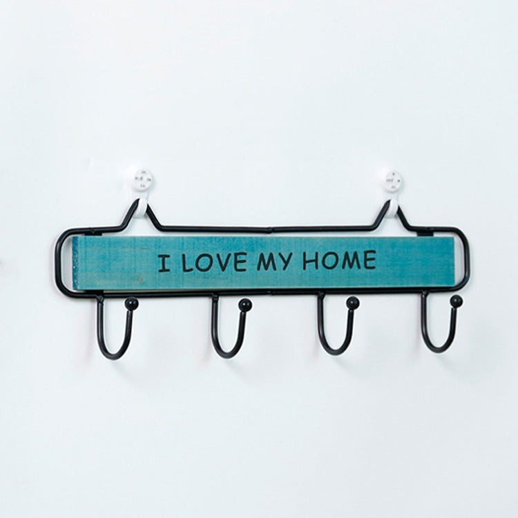 Creative Solid Wood Wrought Iron Hook Pastoral Vintage Door Coat Key Small Hanging Rack, Colour: Four Hook Blue