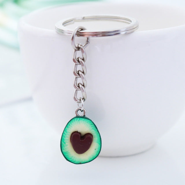 2 PCS Cute Fruit Jewelry Avocado Heart-shaped Handmade Shree-dimensional Soft Ceramic Keychain