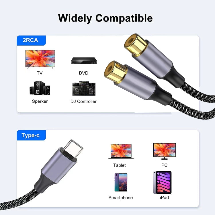 1m Gold Plated Type-C/USB-C Jack to 2 x RCA Female Stereo Audio Cable