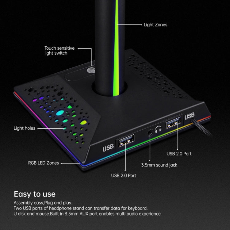 Desktop Vertical RGB Lighting Dual USB Ports Headset Stand(Black)
