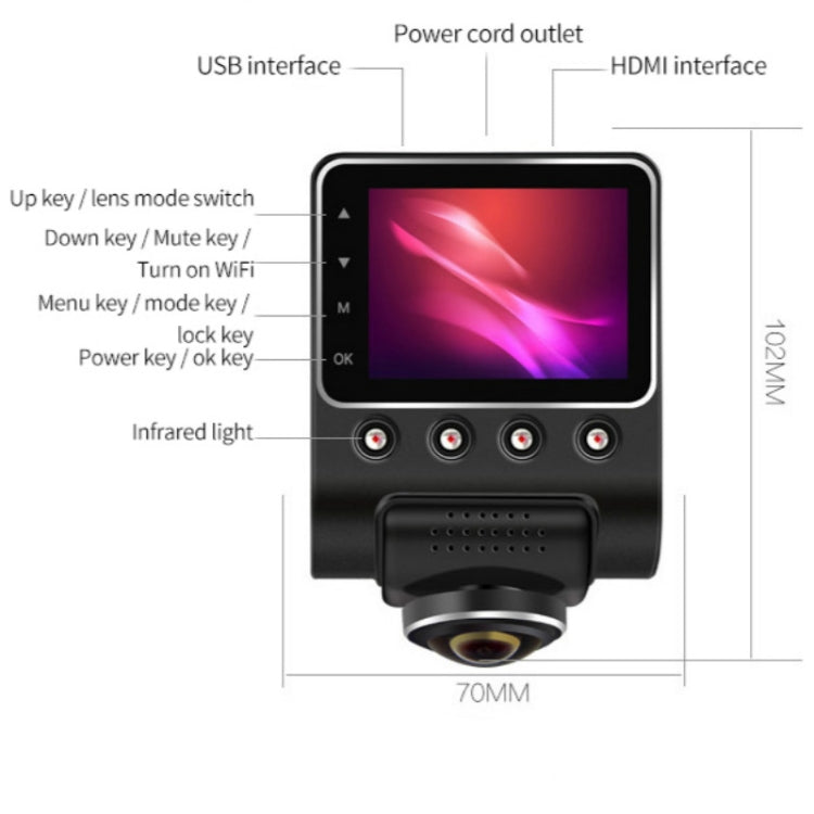 Video Recorder 360 Degree Panoramic Car DVR WIFI Camera Night Vision, Version:Decompression Version Dual camera