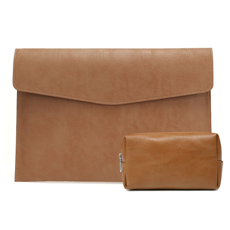 PU Leather Litchi Pattern Sleeve Case For 14 Inch Laptop, Style: Liner Bag + Power Bag (Light Brown)