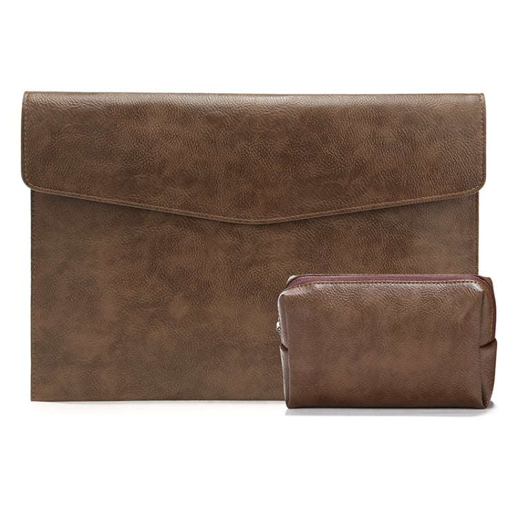 PU Leather Litchi Pattern Sleeve Case For 14 Inch Laptop, Style: Liner Bag + Power Bag (Dark Brown)
