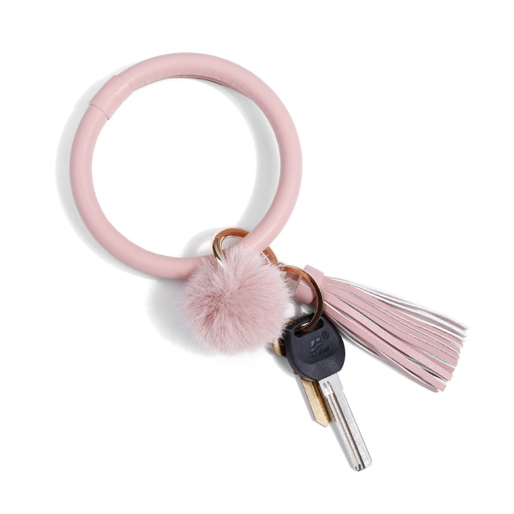 2 PCS Fringed Bracelet Keychain Circle Anti-Lost PU Leather Hairball Bracelet Keyring Pendant