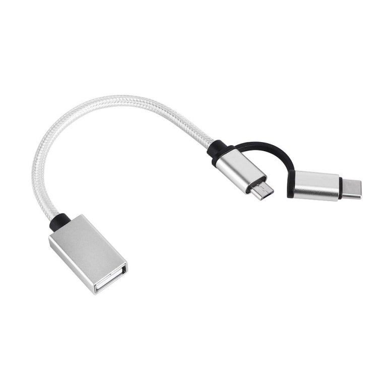 USB 3.0 Female to Micro USB + USB-C / Type-C Male Charging + Transmission OTG Nylon Braided Adapter Cable, Cable Length: 19cm
