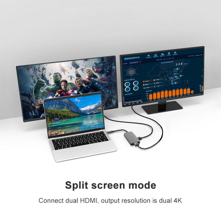 8 In 1 USB-C / Type-C To 3 USB 3.0 + Dual 4K HDMI + SD / TF Card Slot + PD USB-C / Type-C Charging Ports Multifunctional HUB Docking Station