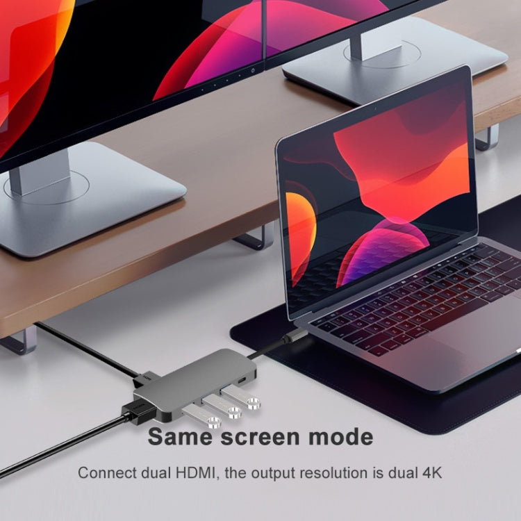 8 In 1 USB-C / Type-C To 3 USB 3.0 + Dual 4K HDMI + SD / TF Card Slot + PD USB-C / Type-C Charging Ports Multifunctional HUB Docking Station