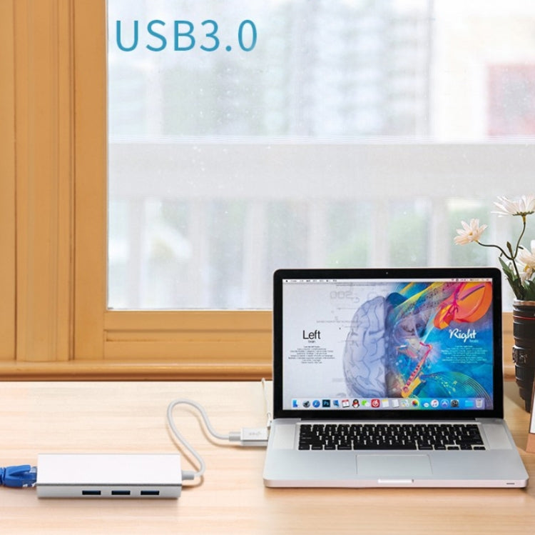 YH-U1009 3 x USB 3.0 + RJ45 to USB 3.0 External Drive-Free HUB for Laptops, Random Color Delivery