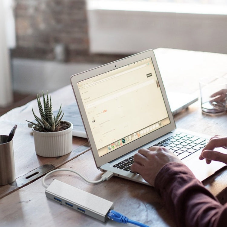 YH-U1009 3 x USB 3.0 + RJ45 to USB 3.0 External Drive-Free HUB for Laptops, Random Color Delivery