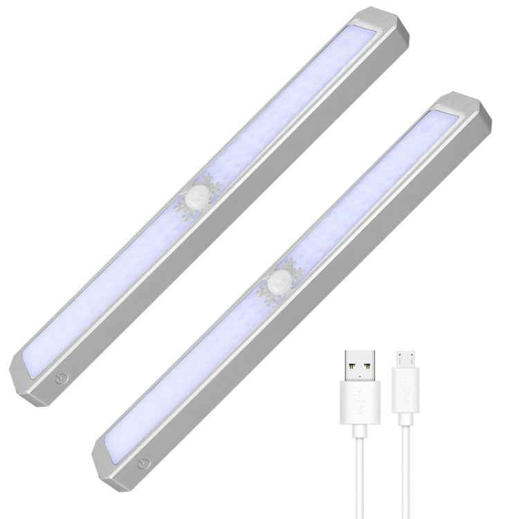 LED Intelligent Human Body Sensor Light USB Free Wiring Long Cabinet Wardrobe Light, Light color: Silver 2 x Lamp
