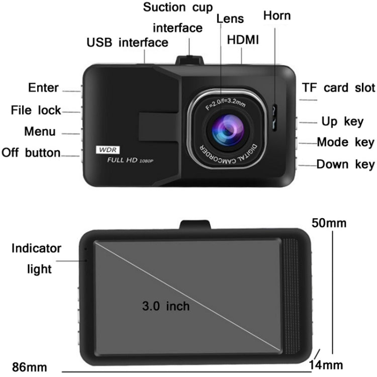 3.0 Inch HD 1080P Wide-Angle Driving Recorder With Reversing Image Specification: Normal Definition Single Record(Black)
