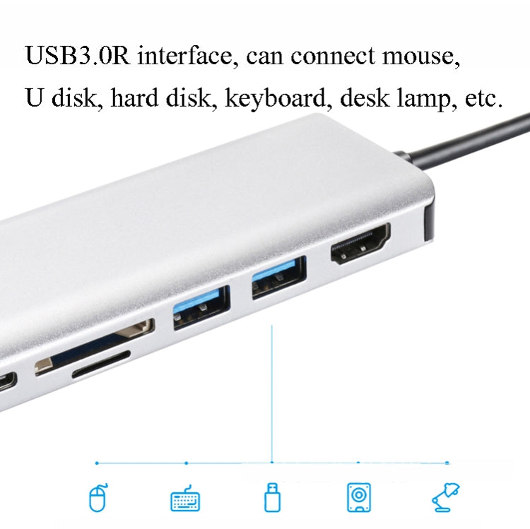 T12 7 in 1 Type-C to RJ45+Type-C+SD/TF+USB3.0 x 2+HDMI HUB(Silver Gray)
