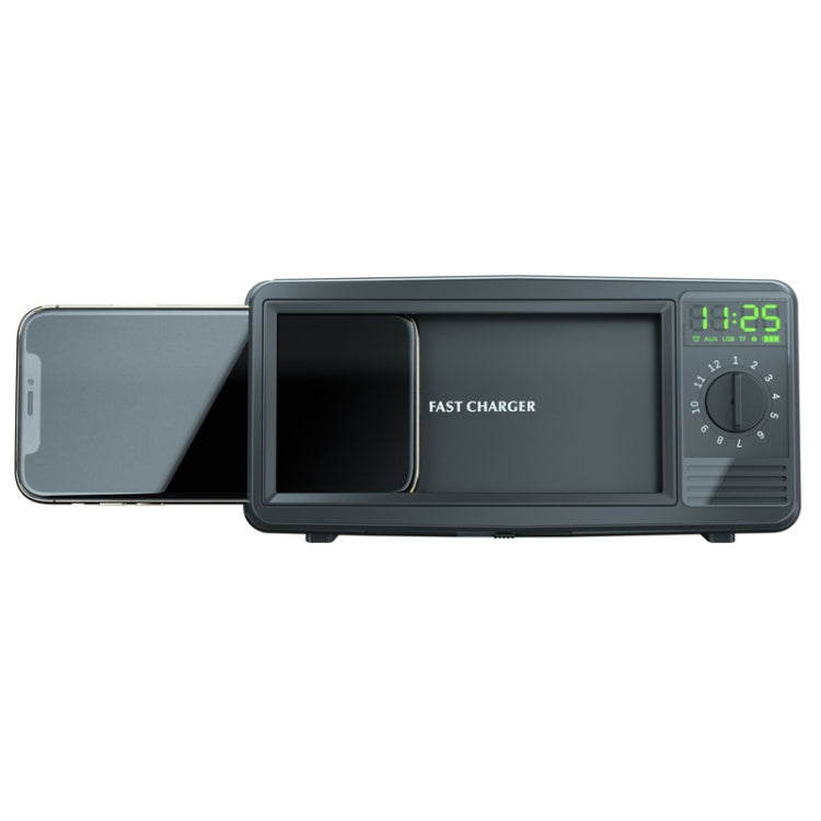 N57 Retro TV Shape Bluetooth Speaker Wireless Charger Mobile Phone Holder with Clock & Alarm Function Supports U-disk & TF Card(Black)