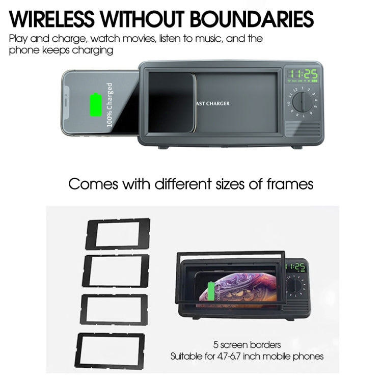 N57 Retro TV Shape Bluetooth Speaker Wireless Charger Mobile Phone Holder with Clock & Alarm Function Supports U-disk & TF Card(Black)