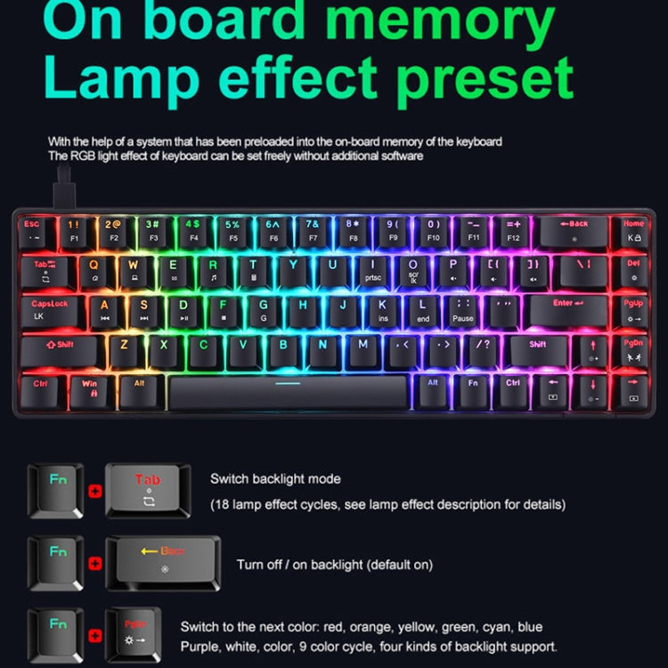 T8 68 Keys Mechanical Gaming Keyboard RGB Backlit Wired Keyboard, Cable Length:1.6m
