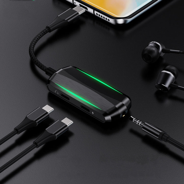 BY203 3 In 1 USB-C / Type-C Male To 3.5mm + PD 60W Female Charging & Digital Audio Adapter with RGB Light(Black)