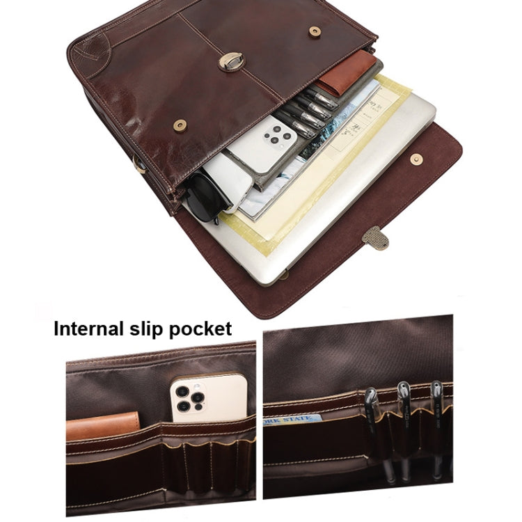 Men Retro Cowhide Leather Briefcase Multifunctional Laptop Bag for 15.6 Inch Computer(Coffee)