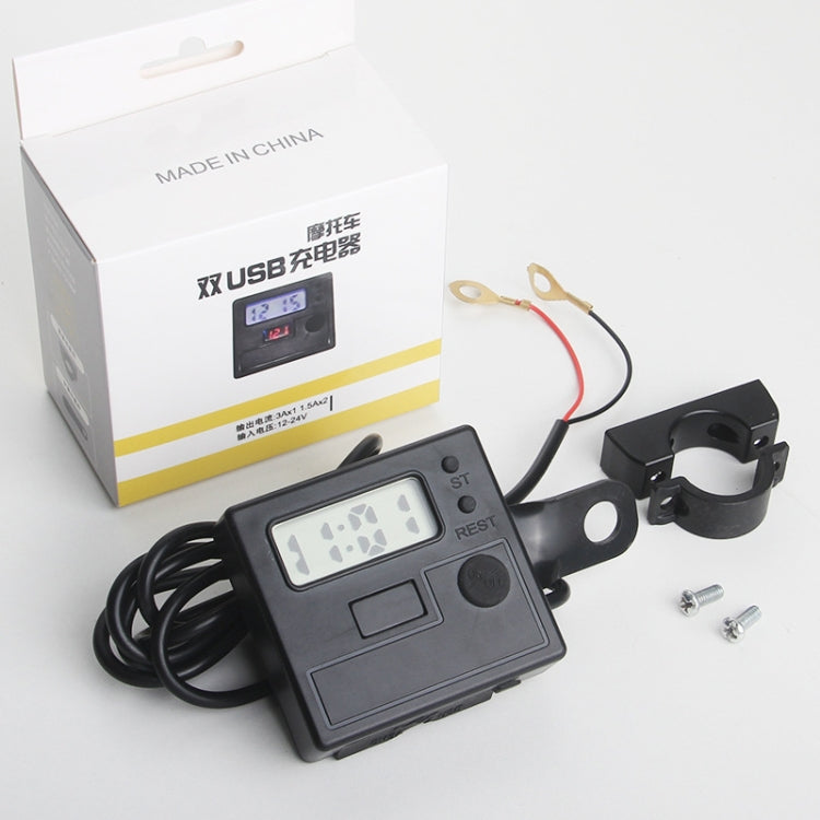 Motorcycle Clock Digital Display Dual USB Phone Charger Waterproof 5V 3A Fast Charge(Black)