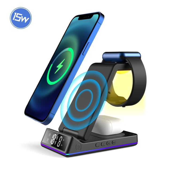 Z6 15W 5 In 1 For All Support Wireless Charging Phone & Apple Watches Multifunction Wireless Charger with Night Light Alarm Clock(Black)